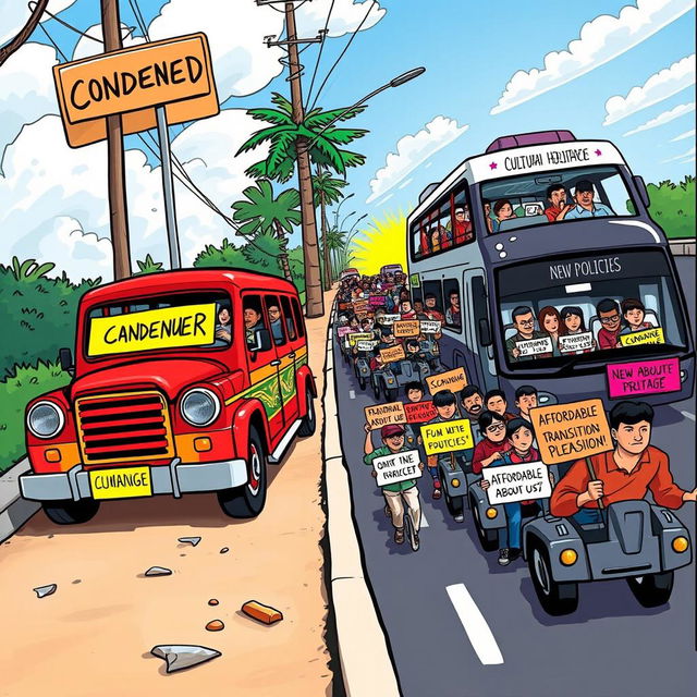A traditional jeepney, beautifully painted and labeled 'Cultural Heritage,' is parked on the side of the road with a striking 'Condemned' sign prominently displayed