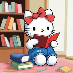 A high-quality digital art image of the lovable Hello Kitty, dressed in her iconic red bow and blue overalls, engrossed in reading a large, colorful book