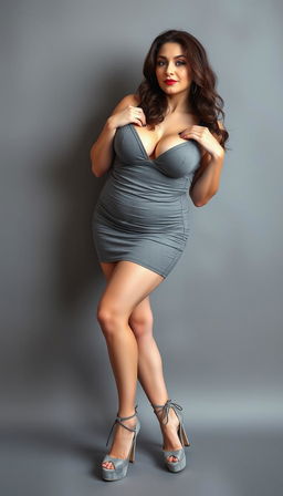 An alluring image featuring a 40-year-old actress with white skin, displaying her voluptuous and busty body in a graceful yet shy manner