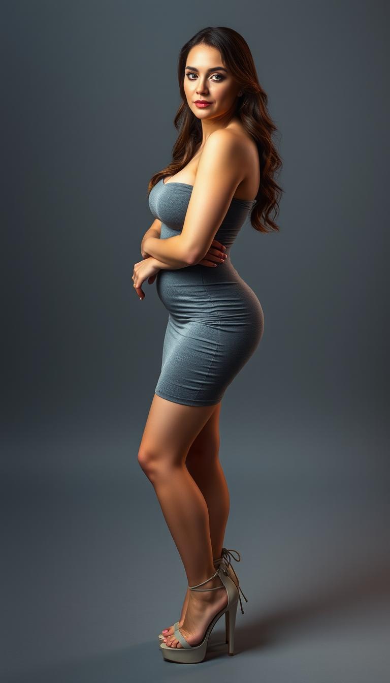 A captivating image of a 40-year-old actress with white skin, exhibiting her voluptuous and busty figure