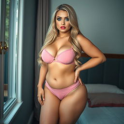 A curvy and beautiful 19-year-old woman with long blonde hair, standing confidently by a bedroom window