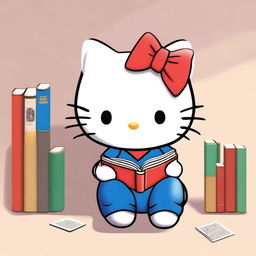 A high-quality digital art image of the lovable Hello Kitty, dressed in her iconic red bow and blue overalls, engrossed in reading a large, colorful book