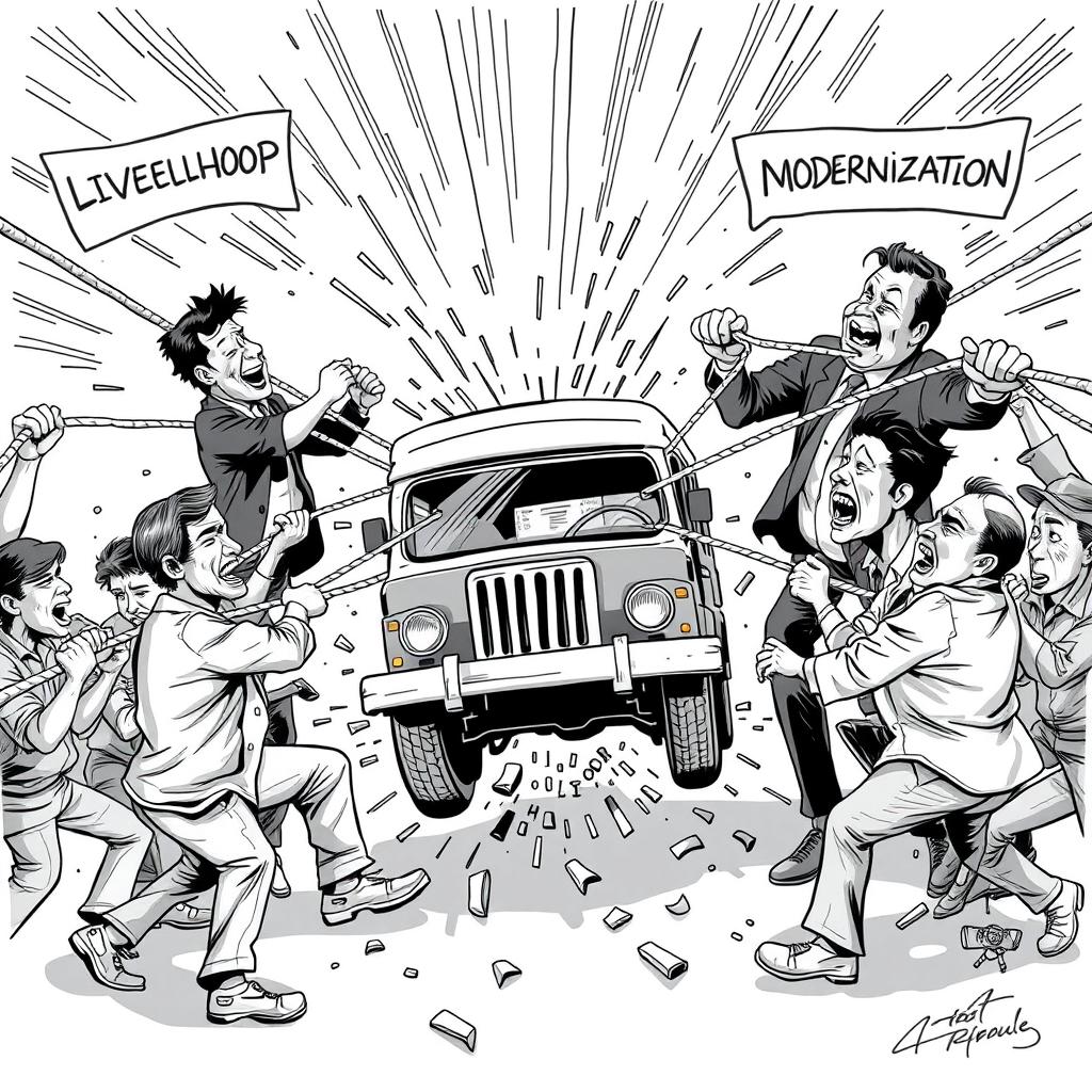 A dynamic tug-of-war scene depicting a clash between two opposing sides: on one side, jeepney drivers pulling with ropes labeled 'Livelihood' and 'Cultural Identity'; on the other side, policymakers and developers tugging with ropes marked 'Modernization' and 'Profit