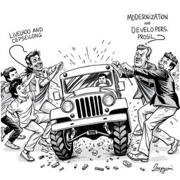 A dynamic tug-of-war scene depicting a clash between two opposing sides: on one side, jeepney drivers pulling with ropes labeled 'Livelihood' and 'Cultural Identity'; on the other side, policymakers and developers tugging with ropes marked 'Modernization' and 'Profit