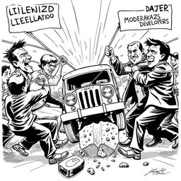 A dynamic tug-of-war scene depicting a clash between two opposing sides: on one side, jeepney drivers pulling with ropes labeled 'Livelihood' and 'Cultural Identity'; on the other side, policymakers and developers tugging with ropes marked 'Modernization' and 'Profit