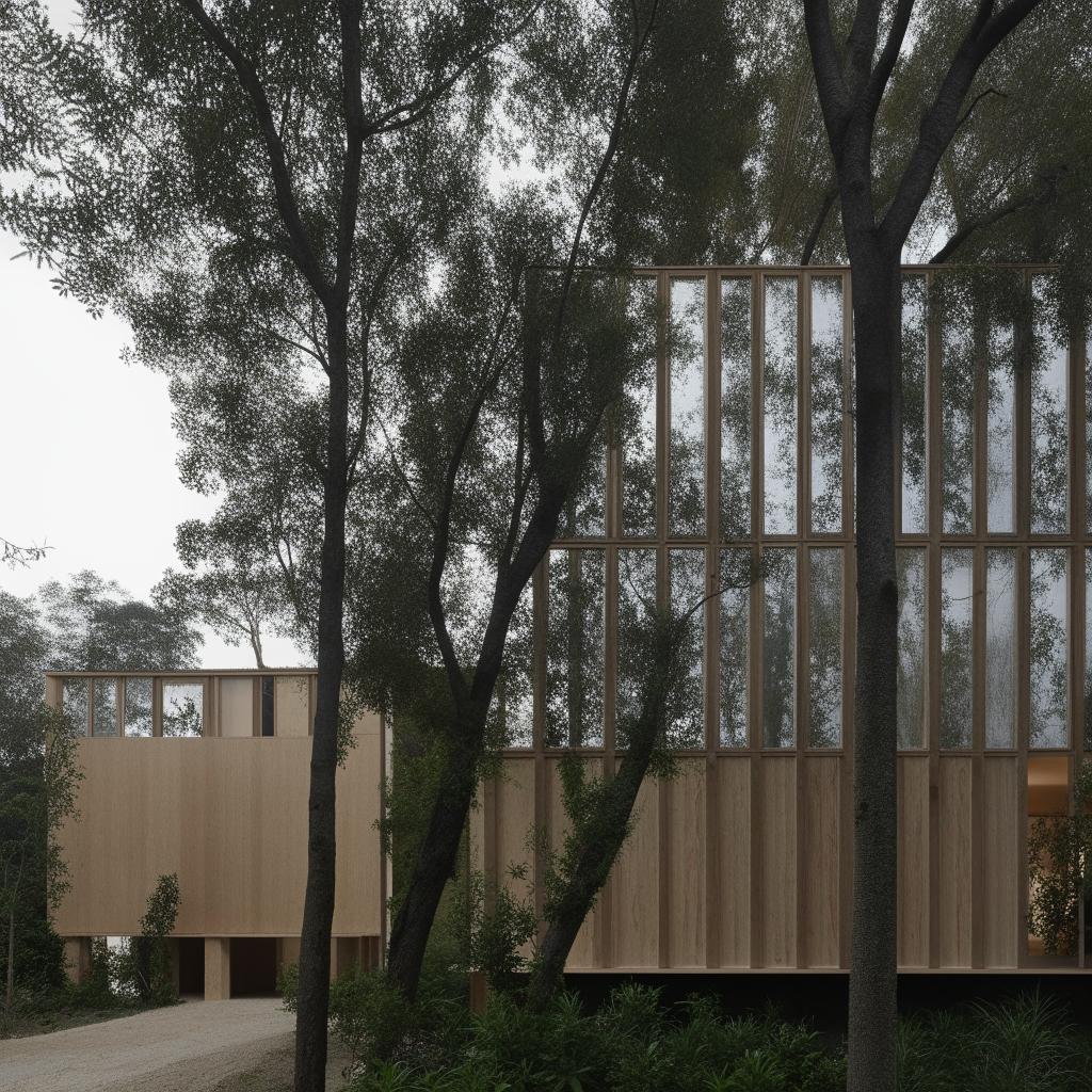 A unique house constructed predominantly from either plywood or hollow blocks, showcasing distinct textures and unconventional aesthetics.