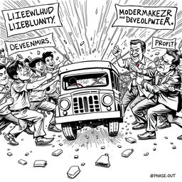A dynamic tug-of-war scene depicting a clash between two opposing sides: on one side, jeepney drivers pulling with ropes labeled 'Livelihood' and 'Cultural Identity'; on the other side, policymakers and developers tugging with ropes marked 'Modernization' and 'Profit