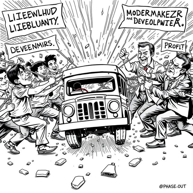 A dynamic tug-of-war scene depicting a clash between two opposing sides: on one side, jeepney drivers pulling with ropes labeled 'Livelihood' and 'Cultural Identity'; on the other side, policymakers and developers tugging with ropes marked 'Modernization' and 'Profit
