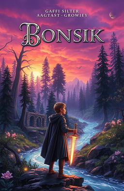 A captivating cover for a fantasy novel, featuring a mystical forest filled with towering trees, glowing flowers, and a shimmering river flowing through the scene