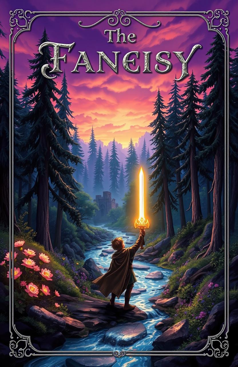 A captivating cover for a fantasy novel, featuring a mystical forest filled with towering trees, glowing flowers, and a shimmering river flowing through the scene