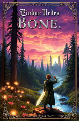 A captivating cover for a fantasy novel, featuring a mystical forest filled with towering trees, glowing flowers, and a shimmering river flowing through the scene