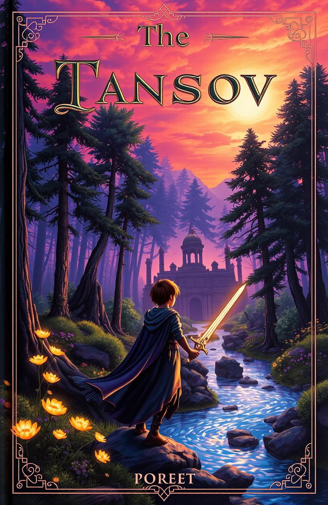 A captivating cover for a fantasy novel, featuring a mystical forest filled with towering trees, glowing flowers, and a shimmering river flowing through the scene