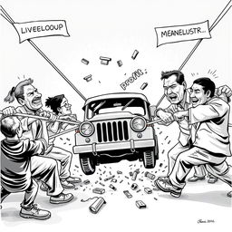 A vibrant tug-of-war scene depicting two opposing sides: on one side, a group of jeepney drivers pulling hard on ropes labeled 'Livelihood' and 'Cultural Identity'; on the opposing side, policymakers and developers straining against them with ropes marked 'Modernization' and 'Profit