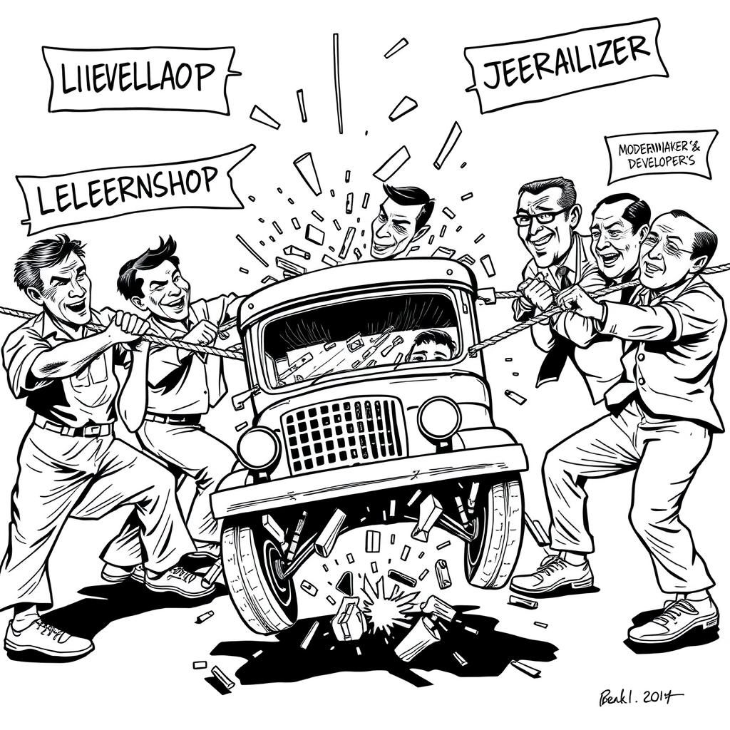 A vibrant tug-of-war scene depicting two opposing sides: on one side, a group of jeepney drivers pulling hard on ropes labeled 'Livelihood' and 'Cultural Identity'; on the opposing side, policymakers and developers straining against them with ropes marked 'Modernization' and 'Profit