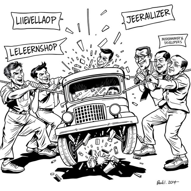 A vibrant tug-of-war scene depicting two opposing sides: on one side, a group of jeepney drivers pulling hard on ropes labeled 'Livelihood' and 'Cultural Identity'; on the opposing side, policymakers and developers straining against them with ropes marked 'Modernization' and 'Profit