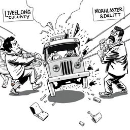 A vibrant tug-of-war scene depicting two opposing sides: on one side, a group of jeepney drivers pulling hard on ropes labeled 'Livelihood' and 'Cultural Identity'; on the opposing side, policymakers and developers straining against them with ropes marked 'Modernization' and 'Profit
