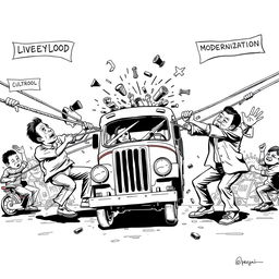 A vibrant tug-of-war scene depicting two opposing sides: on one side, a group of jeepney drivers pulling hard on ropes labeled 'Livelihood' and 'Cultural Identity'; on the opposing side, policymakers and developers straining against them with ropes marked 'Modernization' and 'Profit