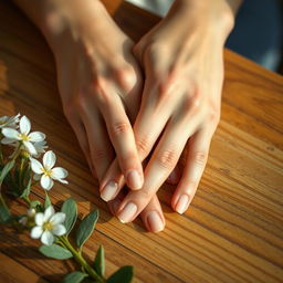 A close-up image of a woman's hands gently resting on a wooden table