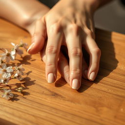 A close-up image of a woman's hands gently resting on a wooden table