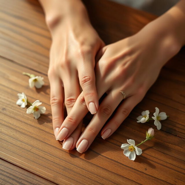 A close-up image of a woman's hands gently resting on a wooden table