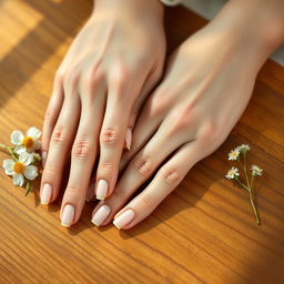 A close-up image of a woman's hands gently resting on a wooden table