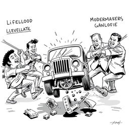 A lively tug-of-war scene depicting two opposing sides: on one side, a group of jeepney drivers pulling hard on ropes labeled 'Livelihood' and 'Cultural Identity'; on the opposing side, policymakers and developers straining against them with ropes marked 'Modernization' and 'Profit