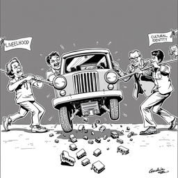 A lively tug-of-war scene depicting two opposing sides: on one side, a group of jeepney drivers pulling hard on ropes labeled 'Livelihood' and 'Cultural Identity'; on the opposing side, policymakers and developers straining against them with ropes marked 'Modernization' and 'Profit