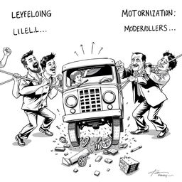 A lively tug-of-war scene depicting two opposing sides: on one side, a group of jeepney drivers pulling hard on ropes labeled 'Livelihood' and 'Cultural Identity'; on the opposing side, policymakers and developers straining against them with ropes marked 'Modernization' and 'Profit