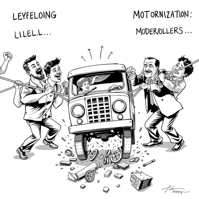 A lively tug-of-war scene depicting two opposing sides: on one side, a group of jeepney drivers pulling hard on ropes labeled 'Livelihood' and 'Cultural Identity'; on the opposing side, policymakers and developers straining against them with ropes marked 'Modernization' and 'Profit