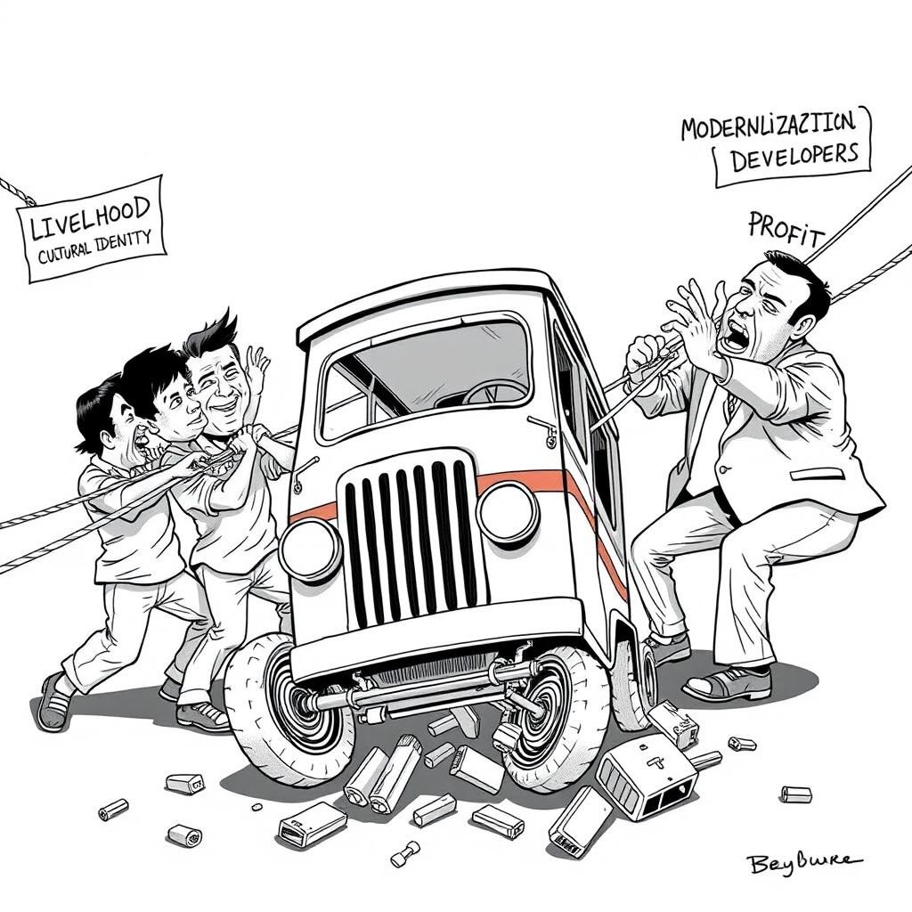 A lively tug-of-war scene depicting two opposing sides: on one side, a group of jeepney drivers pulling hard on ropes labeled 'Livelihood' and 'Cultural Identity'; on the opposing side, policymakers and developers straining against them with ropes marked 'Modernization' and 'Profit