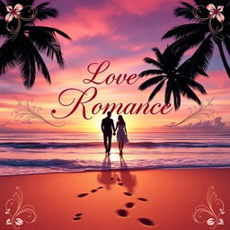 A stunning cover for a romance novel, featuring a picturesque sunset over a serene beach