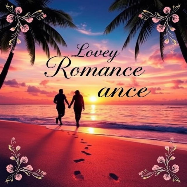 A stunning cover for a romance novel, featuring a picturesque sunset over a serene beach