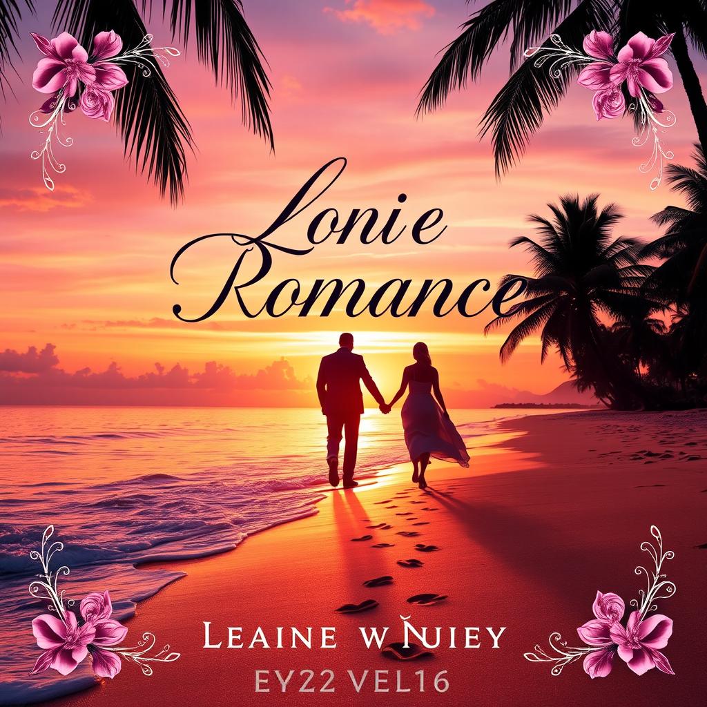 A stunning cover for a romance novel, featuring a picturesque sunset over a serene beach