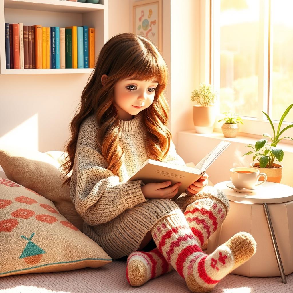 A cute girl sitting in a cozy corner of a bright room, deeply engrossed in reading a book