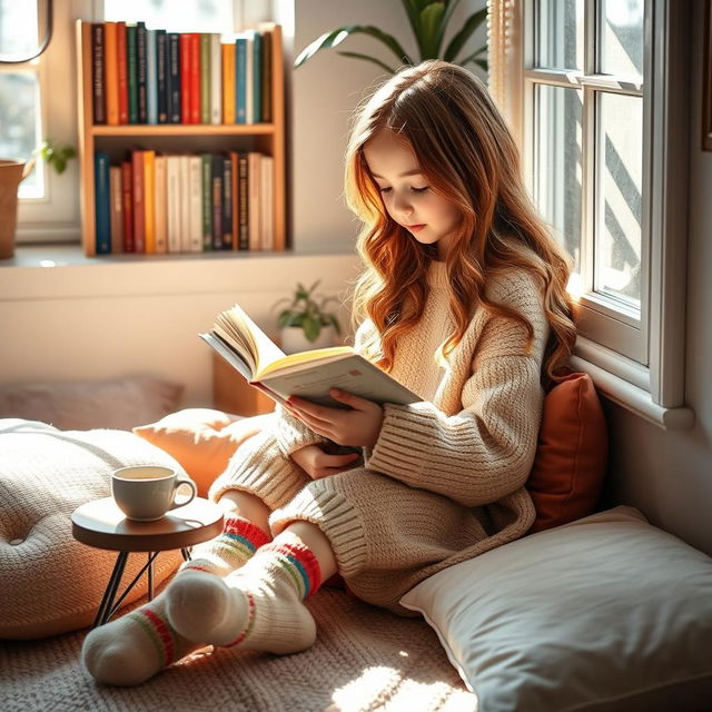 A cute girl sitting in a cozy corner of a bright room, deeply engrossed in reading a book