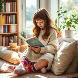 A cute girl sitting in a cozy corner of a bright room, deeply engrossed in reading a book