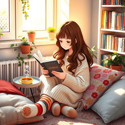 A cute girl sitting in a cozy corner of a bright room, deeply engrossed in reading a book