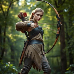 A skilled archer standing confidently despite having only one arm, showcasing a uniquely designed bow that is adapted for horizontal use