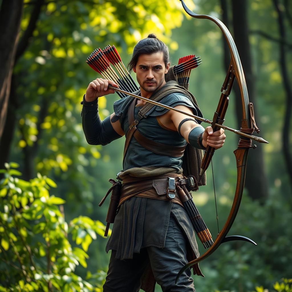 A skilled archer standing confidently despite having only one arm, showcasing a uniquely designed bow that is adapted for horizontal use