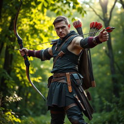 A skilled archer standing confidently despite having only one arm, showcasing a uniquely designed bow that is adapted for horizontal use