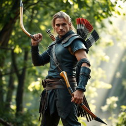 A skilled archer standing confidently despite having only one arm, showcasing a uniquely designed bow that is adapted for horizontal use