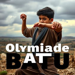 A dramatic scene depicting a young Palestinian boy in a dynamic pose, hurling a small stone amidst a tense atmosphere of conflict