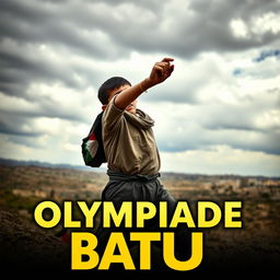 A dramatic scene depicting a young Palestinian boy in a dynamic pose, hurling a small stone amidst a tense atmosphere of conflict