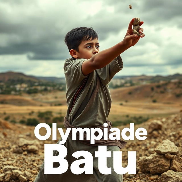 A dramatic scene depicting a young Palestinian boy in a dynamic pose, hurling a small stone amidst a tense atmosphere of conflict