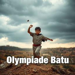 A dramatic scene depicting a young Palestinian boy in a dynamic pose, hurling a small stone amidst a tense atmosphere of conflict