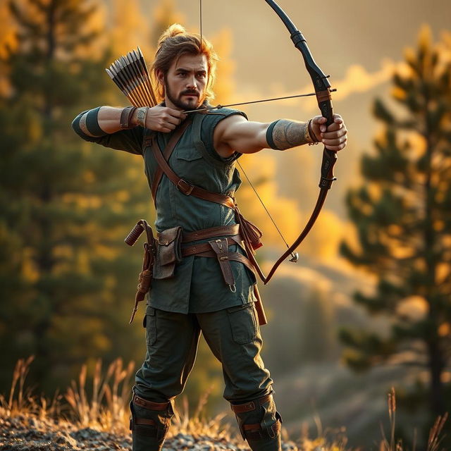 A powerful and resilient archer standing proudly, showcasing their unique strength despite the absence of one arm