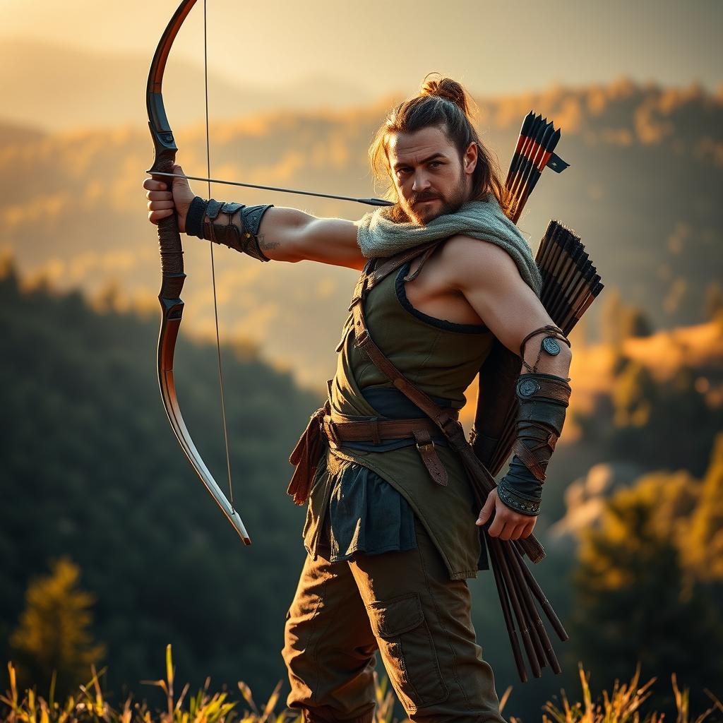 A powerful and resilient archer standing proudly, showcasing their unique strength despite the absence of one arm