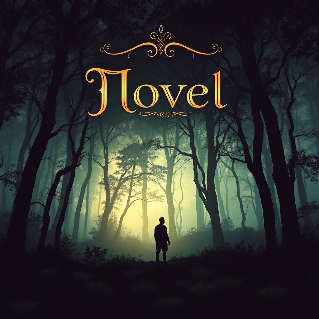 A captivating book cover design for a novel, featuring a mysterious forest in twilight, where ethereal light filters through the trees casting enchanting shadows