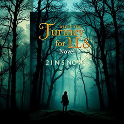 A captivating book cover design for a novel, featuring a mysterious forest in twilight, where ethereal light filters through the trees casting enchanting shadows
