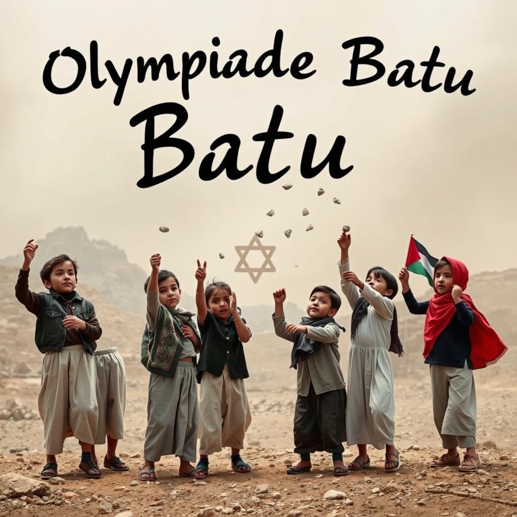 A striking and poignant scene depicting Palestinian children engaged in a symbolic act of resistance, playfully throwing small stones towards an abstract representation of Israel